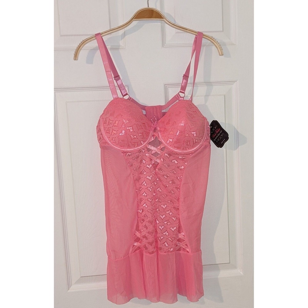 Black Fuchsia Pink Lace Lingerie Set Babydoll Heart Detail Plus Size 1X NWT $100